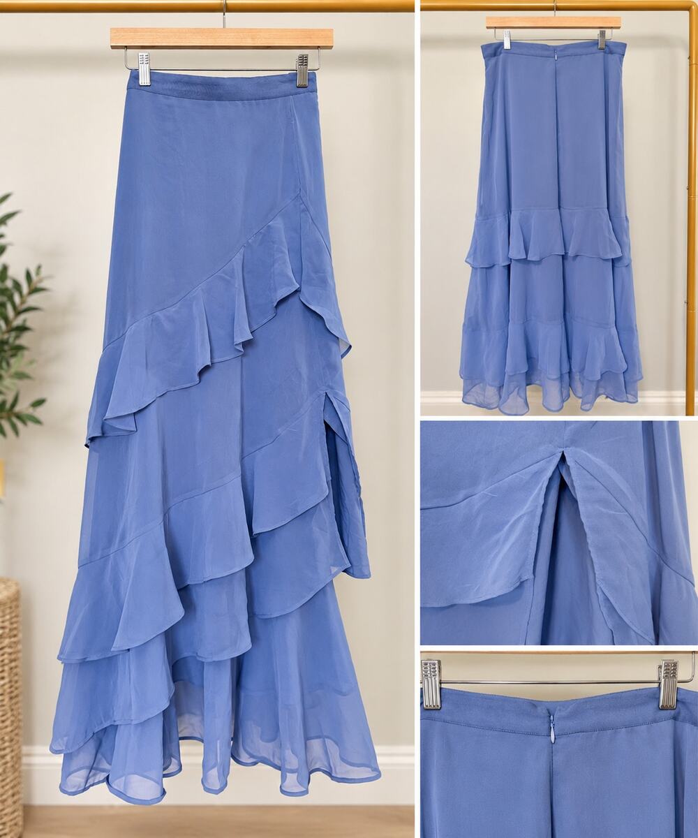 Ann Taylor Blue Ruffle Tiered Maxi Skirt Front Slit Size Large NWT